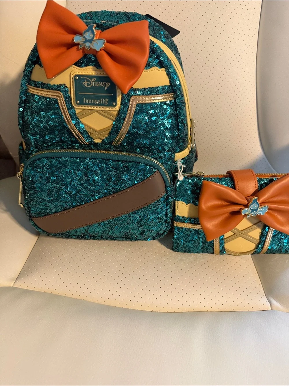 Loungefly Merida of Brave. Teal Sequin Backpack and Wallet Set with Orange Bows